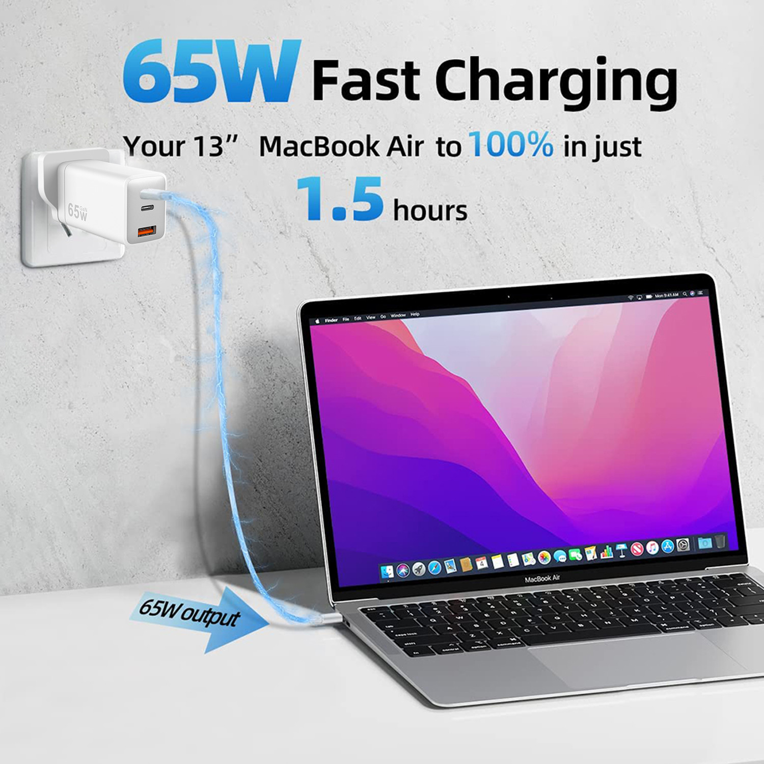 GaN Fast Charging Block 65W 3 Port USB Wall Charger Customized Logo