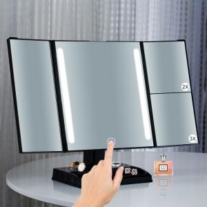 China Square Glass Foldable Tri Fold Tabletop Vanity Mirror With Dry Battery wholesale