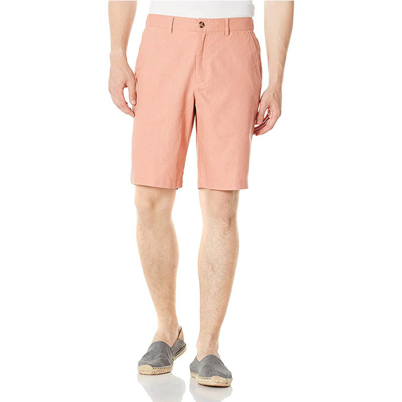 Side Pockets Back Elastic cargo Mens Linen Shorts Zipper Fly With 10" Inseam