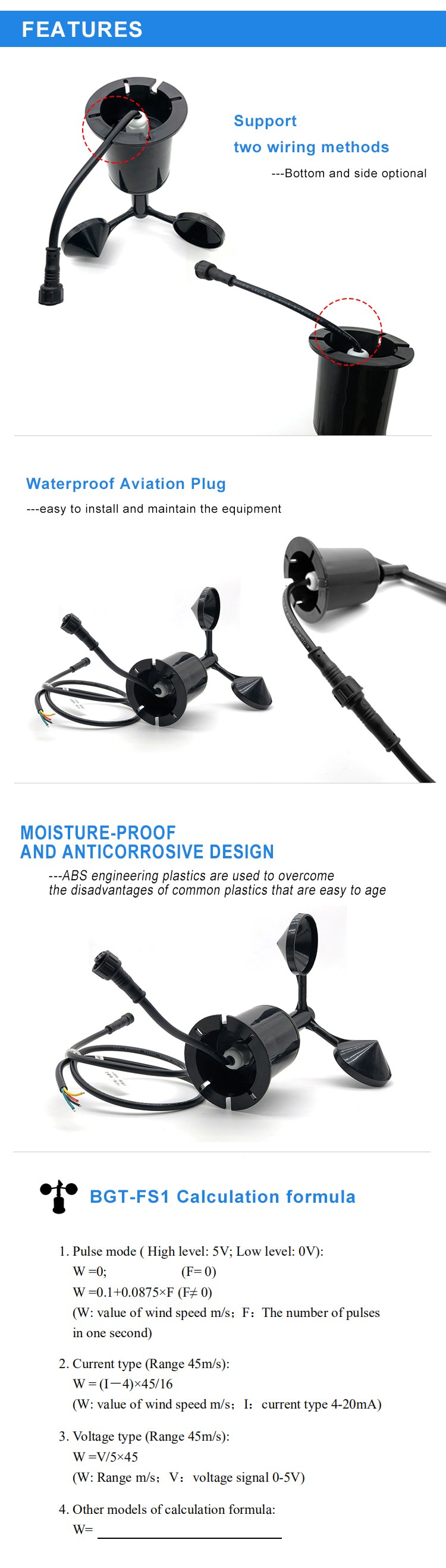 Wind Speed Measuring Anemometer with High Accuracy ± 0.4±0.03V m/s and 0.8M Cable Length