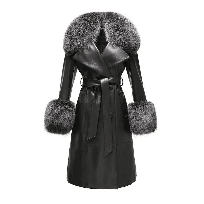 Winter Fox Fur Collar Cuffs Women Long Leather Jacket Black Genuine Sheepskin Trench Leather Fur Coats for Ladies