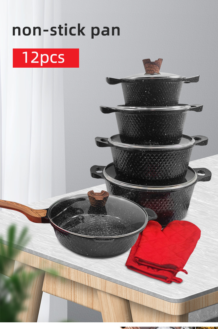 Kitchen 12pcs Aluminum Non Stick Cookware Set With Wooden Handle