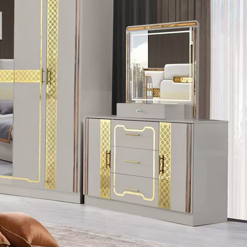 Turkish Luxury Style Wooden Frame King Size Bed Set Led Headboard Modern Classic Full Home Wood Bedroom Sets Furniture