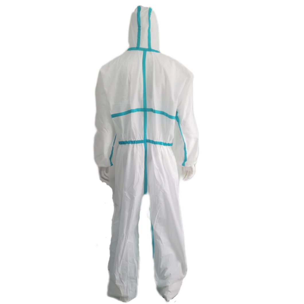 Wholesale CE Type5&6 Anti-Virus Dustproof SMS Nonwoven Coverall with Custom Stick Strip
