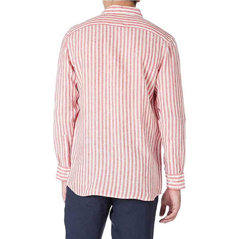 Stripe Red S M L Mens Casual Linen Shirts Open Neck Button Closure