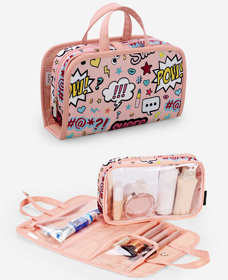 Pink Cute Full Cartoon Pattern Polyester Cosmetic Toiletry Bag