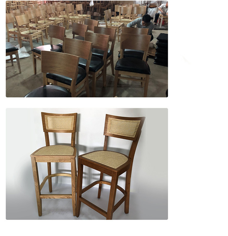 Solid Wooden Cafe Bar Stools Rattan Backrest Minimalist Counter Stools Art Style