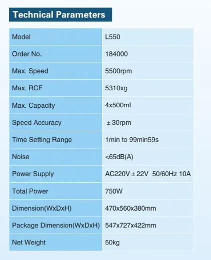 China L550 4x500ml Swing Rotor Laboratory Centrifuge With Different Adapter