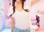 Sexy V Neck Women's T - Shirts Combed Cotton Soft Color Blue Casual Tee