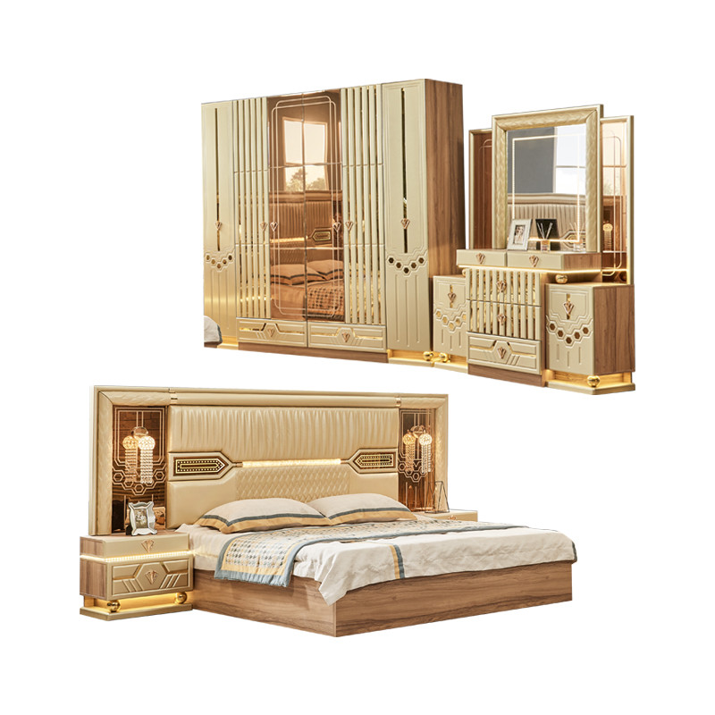 2025 New Modern Design King Size Double Leather Bed Suite Master Room Full Set Luxury Wooden 5 Piece Home Furniture Bedroom Sets