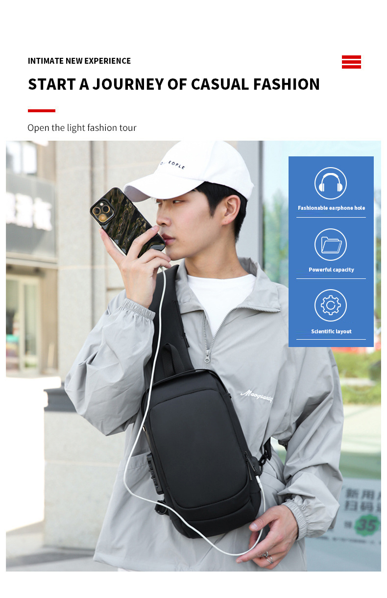 Stylish Oxford Cloth Men's Crossbody Sling Bag with USB Port and Waterproof Design