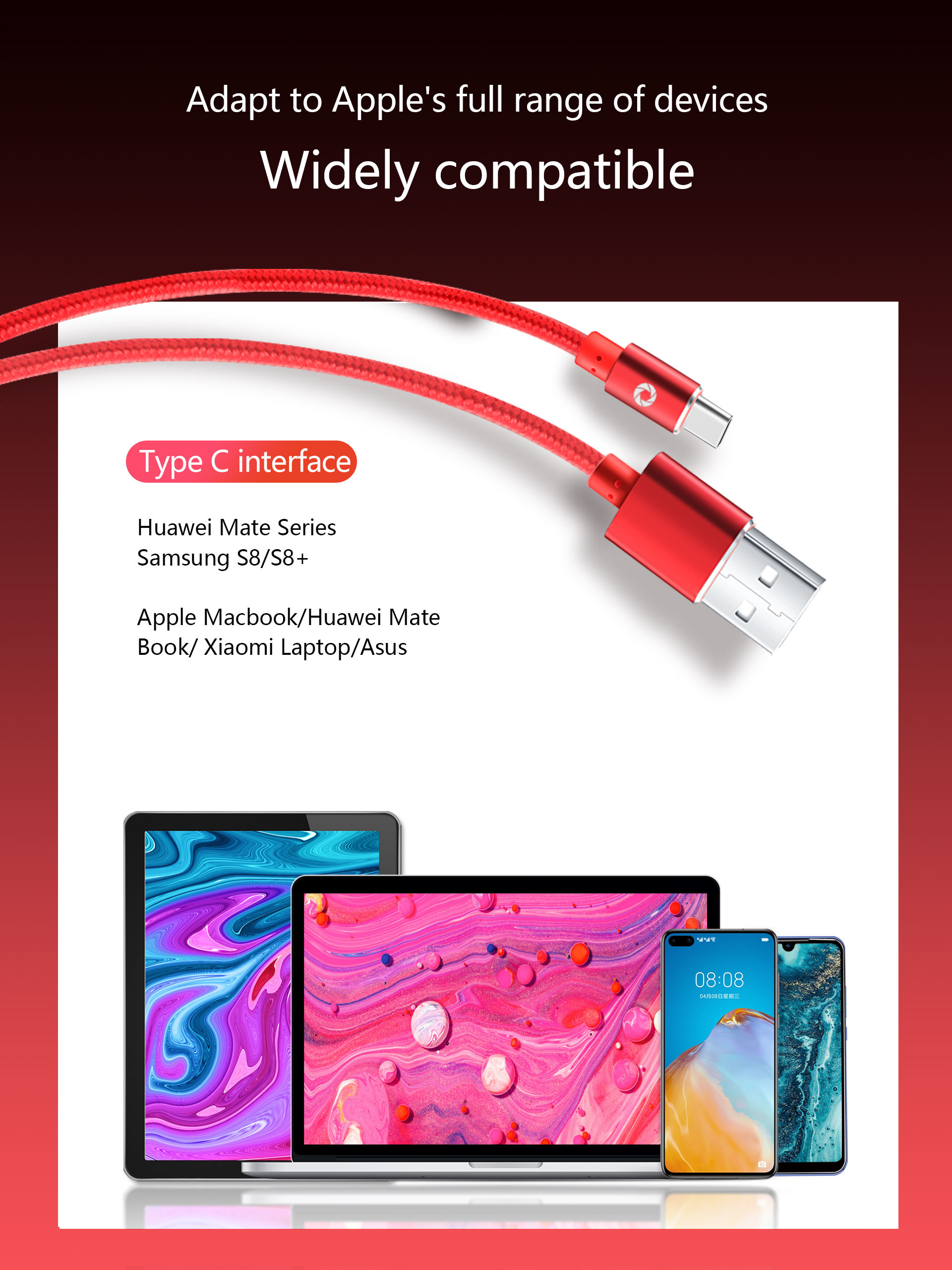 480Mbps Nylon 3A Usb C To Usb Cable 3FT Red Color PS5 Data Support