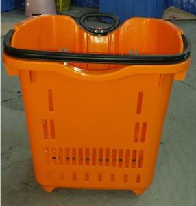 China Supermarket Rolling Plastic Hand Basket / Rolling Trolley Basket With 2 Wheels wholesale