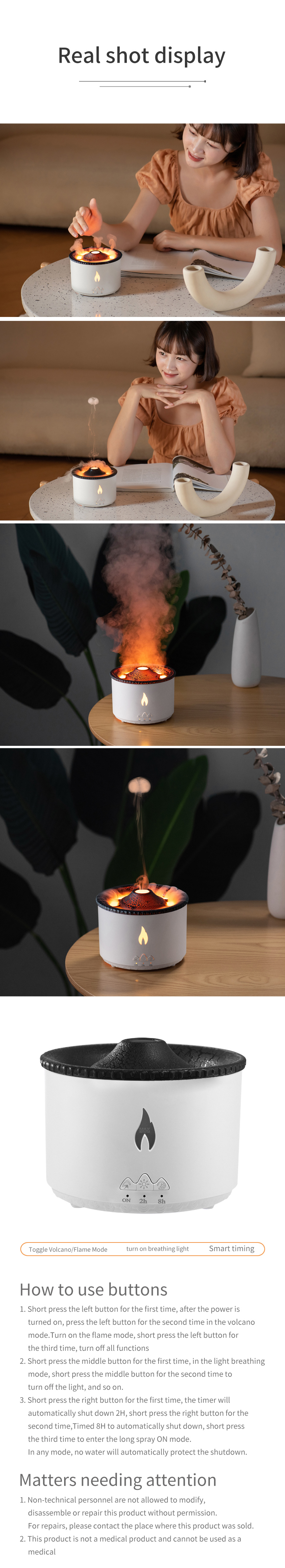 Household Aroma and Humidification with 3D Flame Essential Oil Volcano Fire Diffuser