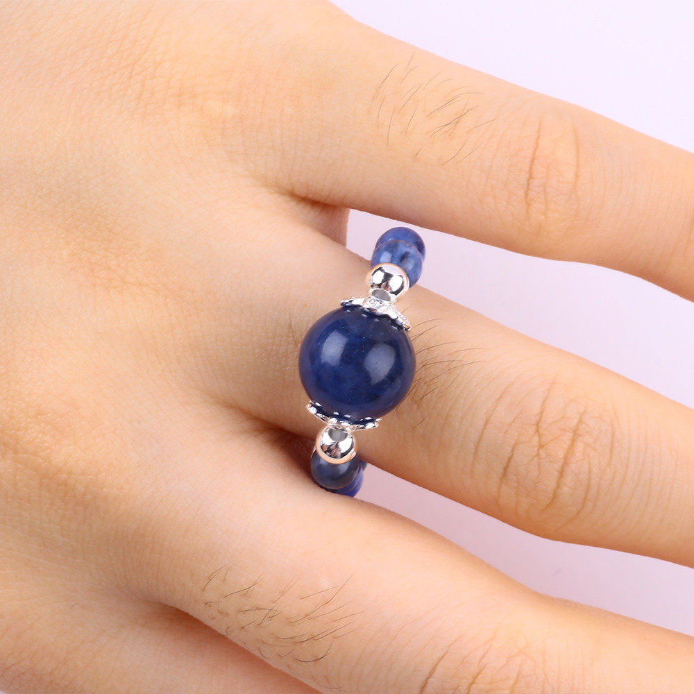 4mm Handmade Gemstone Beaded Ring Adjustable Elastic Sodalite Stone Ring For Party Daily Wearing