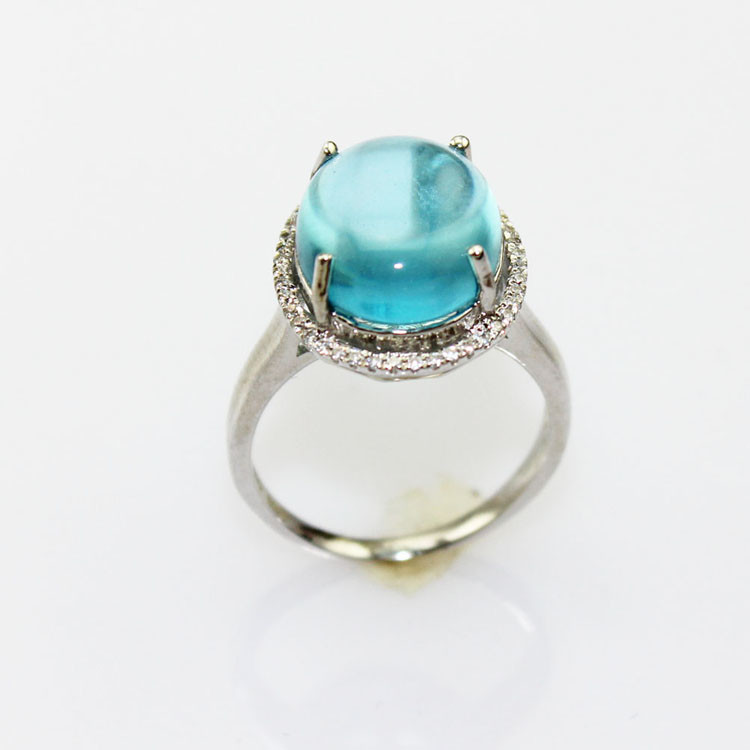 Sterling Silver Oval Dome 12mmx14mm Blue Topaz and Cubic Zircon Ring(R226)