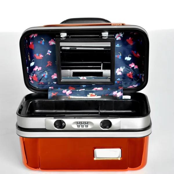 Mini Hard Shell Cosmetic Case with Built-in Mirror Password Lock Glossy Orange Holographic Lady Style Travel Organizer