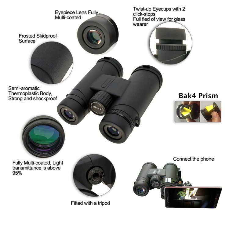 10x42 Black Compact High Power Binoculars Telescope For Adults Hunting / Traveling