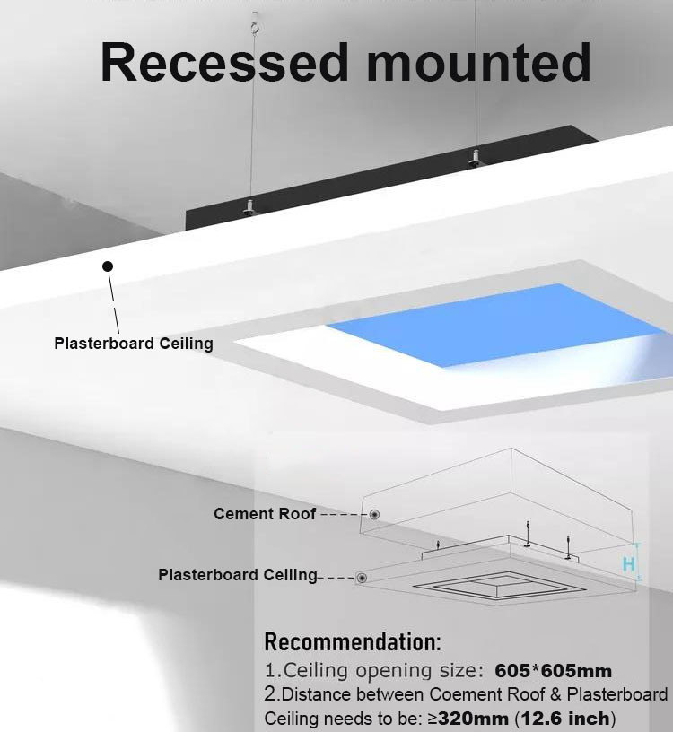 Recessed 60x60cm LED Skylight Panel 100W 110VAC 7800K Dimmable