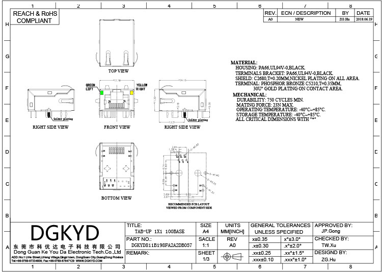 DGKYD811B198FA2A2DB Single Port TAB UP RJ45 Modular Jack With Tansformer