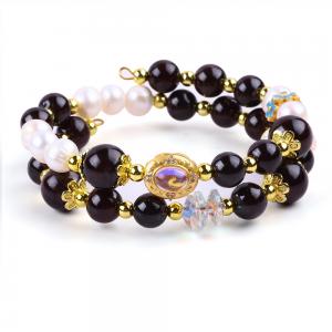 China Custom DIY 8MM Garnet And White Pearl With Flower Spacer Bead Double Bangle For Daily Wear on sale