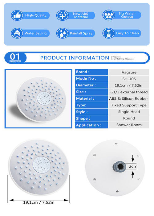 Water Saving Overhead Rainfall Shower Head With ABS / Silicon Rubber Material