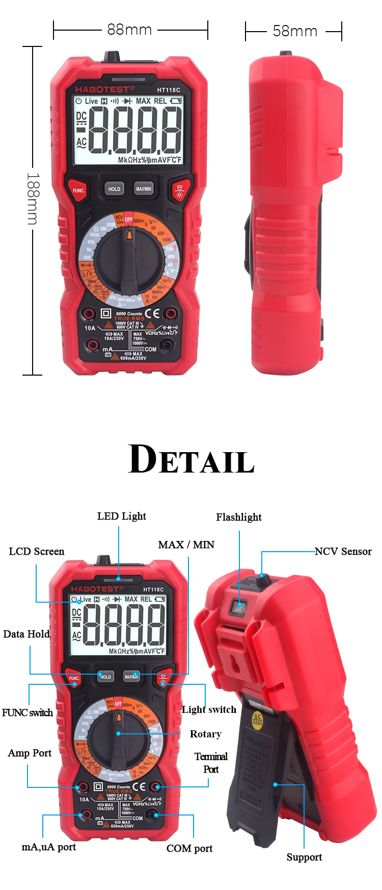HABOTEST 1000V AC DC Analog Auto Range CE Automotive Professional Digital Multimeter 100mF Best Autorange Multimeter Dig
