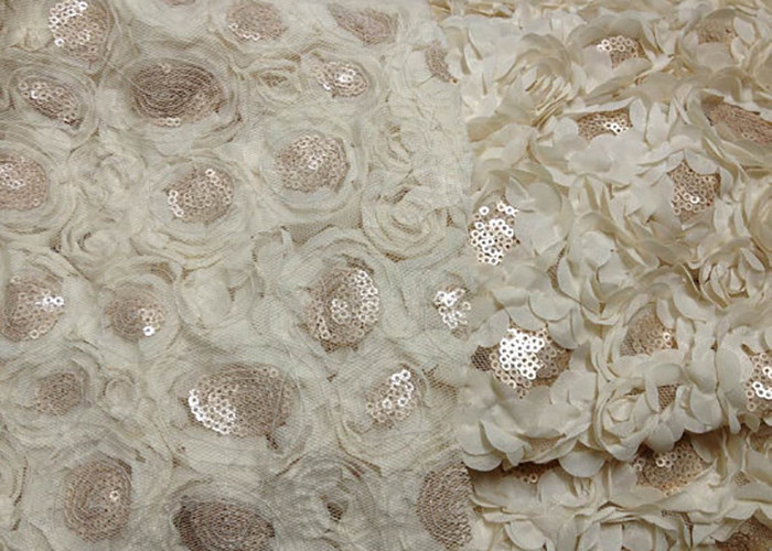 Romantic Champagne Rosette Sequin Lace Fabric , Nylon Bridal Mesh Fabric