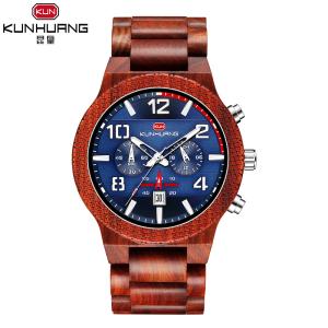 China Blue Dial Red Sandal 24mm Wooden Quartz Watch wholesale