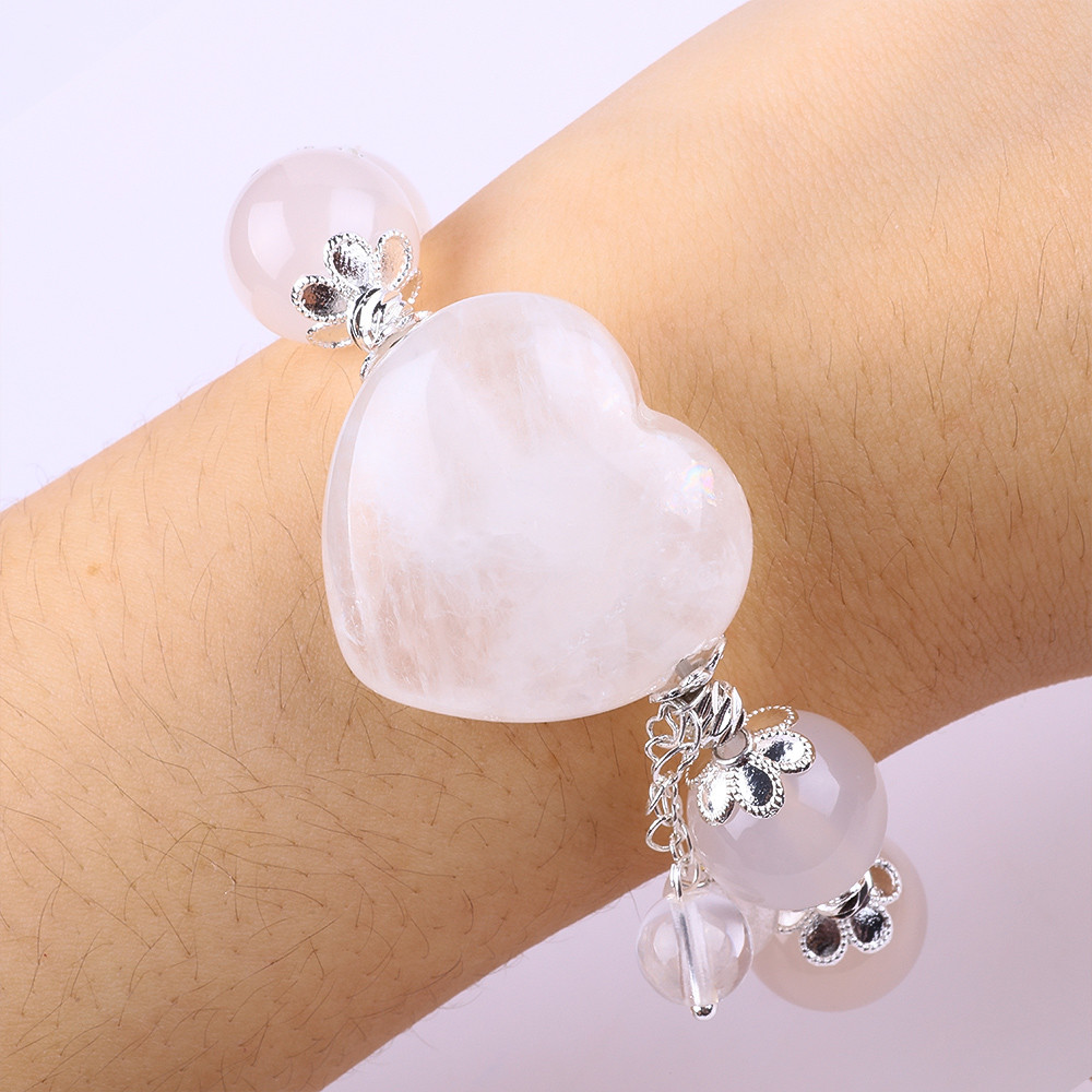 Semi-Precious Gemstone Healing Energy White Agate With Clear Big Heart Bracelet For Daily Wear