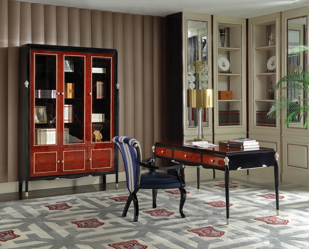 Luxury Villa house office Furniture Ebony wood Book cabients and Reading desk in glossy painting with Writing chairs