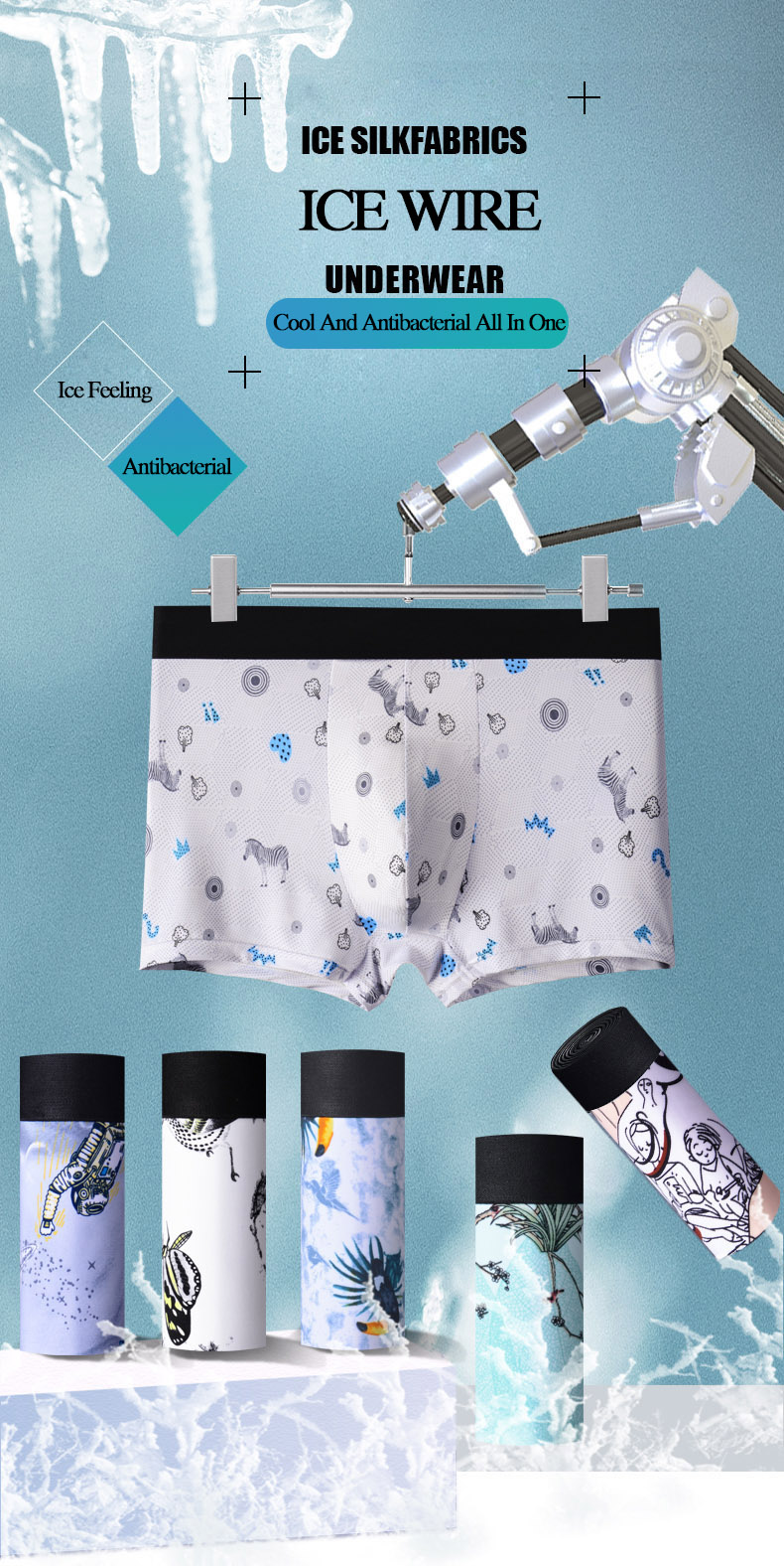 Ice Silk Mens Seamfree Boxers Cartoon Pattern Breathable Underwear Panties