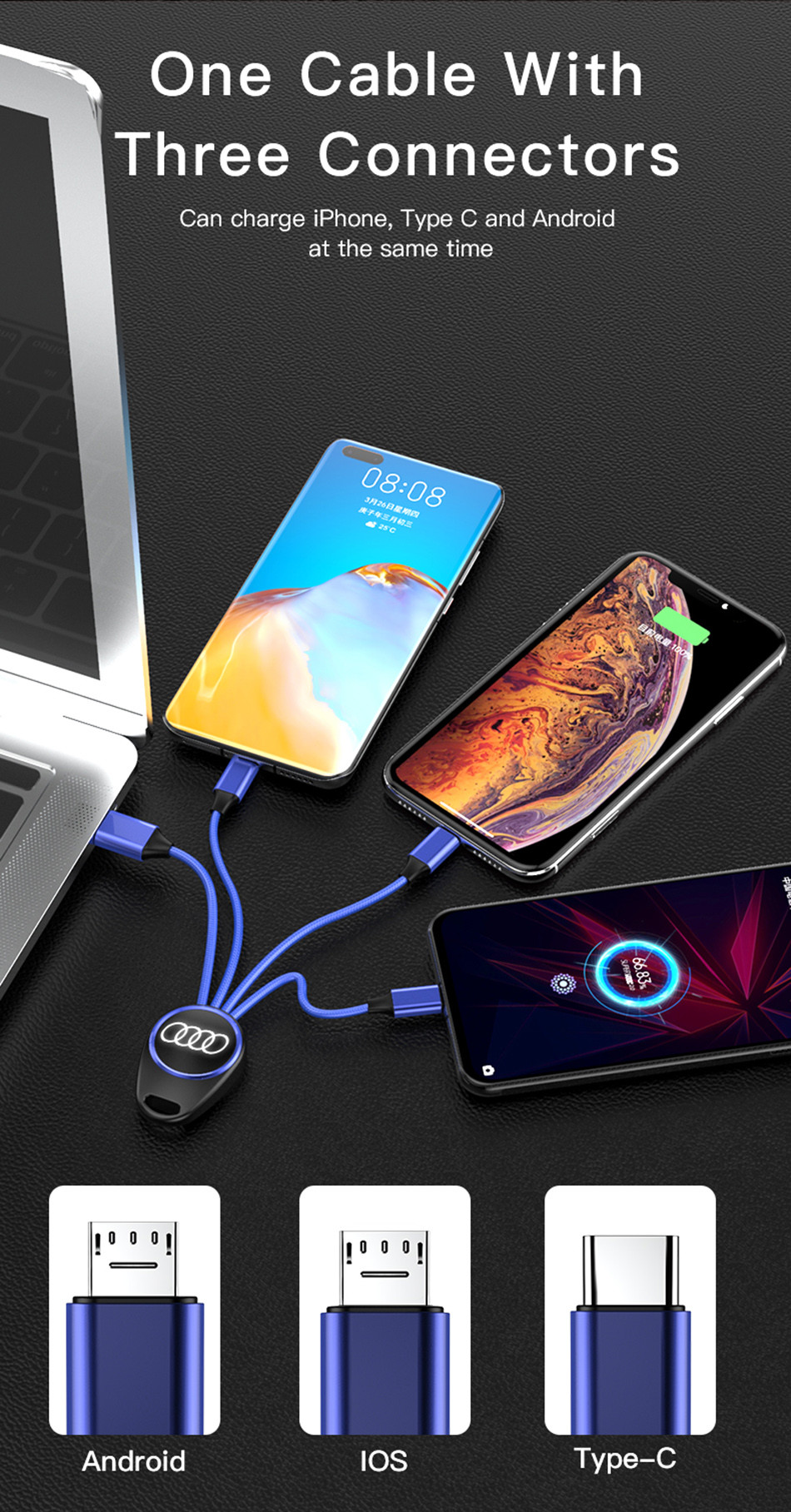 Portable Nylon Fast Charging 17cm Keychain USB Cable With LED Light