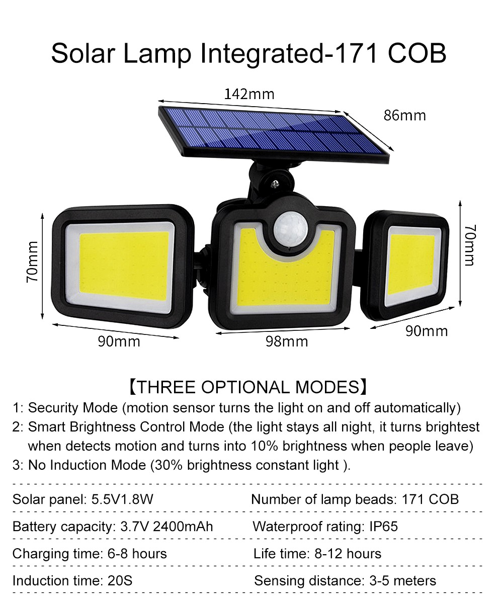 6500K 1.8W Outdoor LED Solar Lamp 270 Wide Angle 3.7V 2400mah