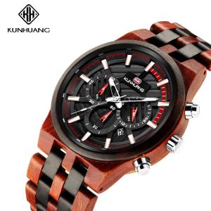 China Black Dial Wooden Quartz Watch 6 Hands Luminous Wristwatch Man 1018-3 wholesale