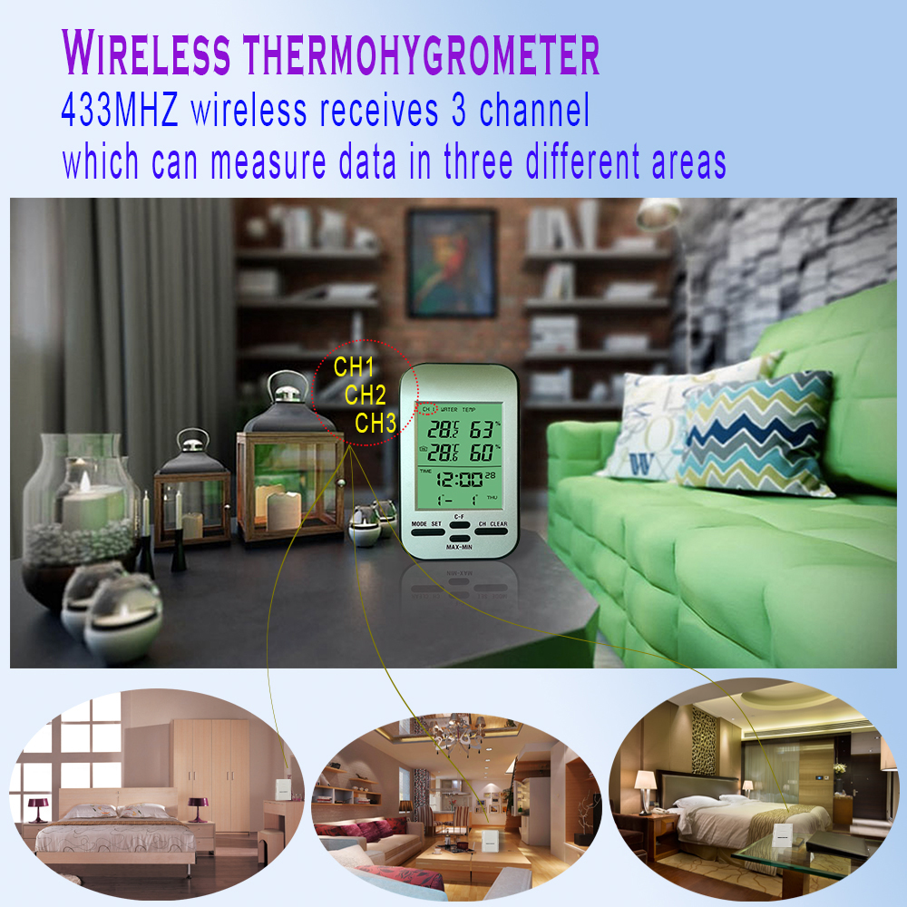 Home Multi-Room LCD Screen Wireless Temperature And Humidity Sensor With Alarm Clock