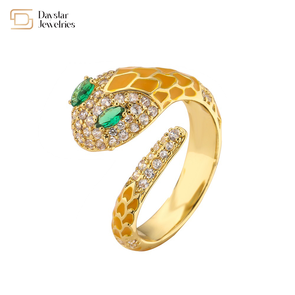 Snake Colorful Enamel Green Diamond Zircon Cobra Ring Cute Adjustable Open