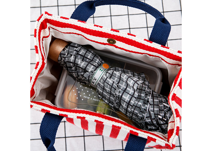 Reusable Lunch Cooler Bags Stripe Pattern With Pure Cotton Texture Handle