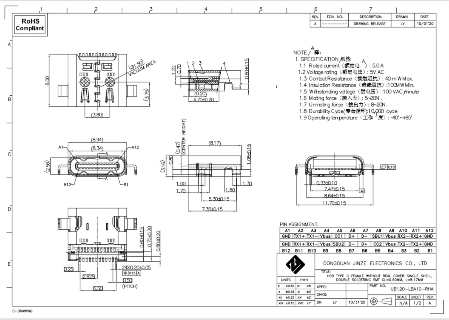 24Pin Female USB Type C Connectors USB3.1 Receptacle PCB Mount SMT L8.17mm