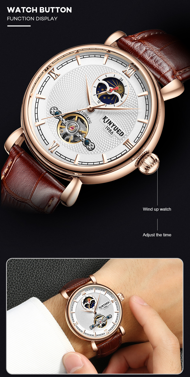 Luxury brand KINYUED water resistant watch tourbillon watch mechanical men's leather automatic