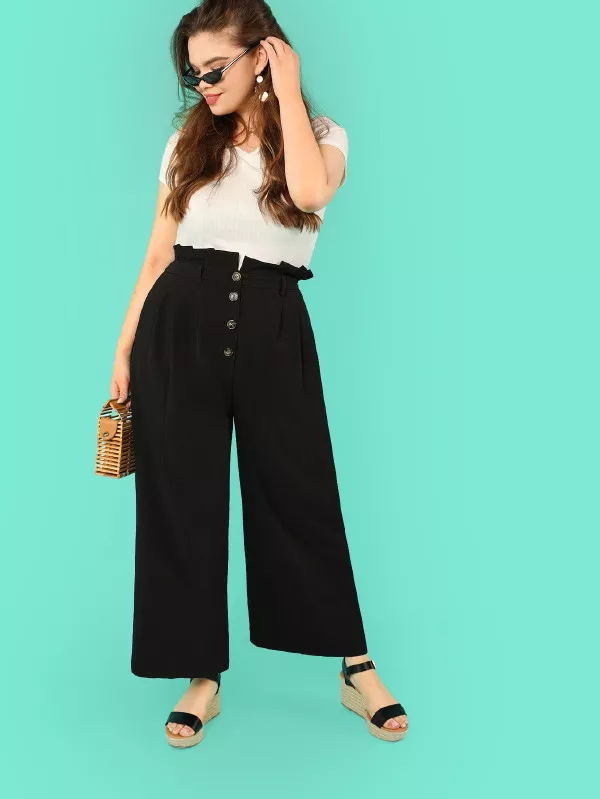 factory clothing manufacturer new style black custom women wide pants with four bottons