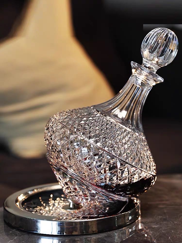 End Glass Collar Industrial Wine Decanting Bottle with Lid and Rotating Gyro Tumbler