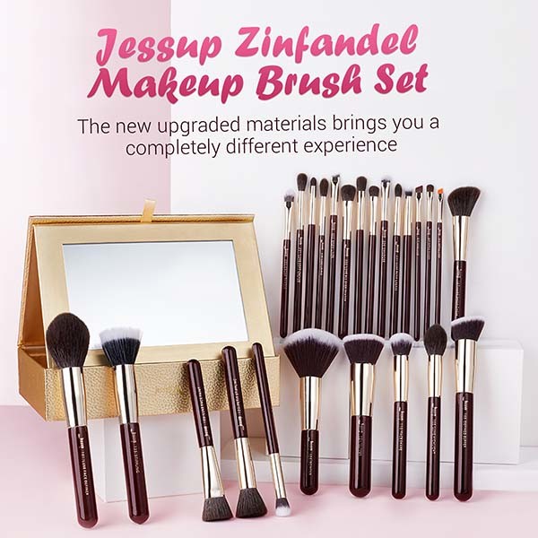Jessup 25pcs Pro Makeup Brushes Set Zinfandel Color With Cosmetic Box