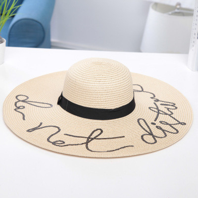 AK17519 Wide brim sunny beach paper straw hats with letter in stock , promotion cheap hats .