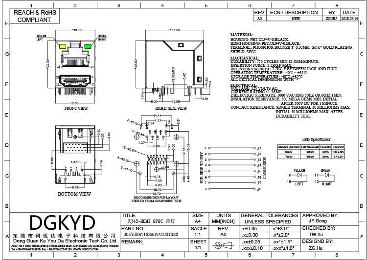 DGKYDRH1188AB1A1DB1080 RJ45 Network Port USB Connector Single Port 8P8C Connector With LED Network Port Socket