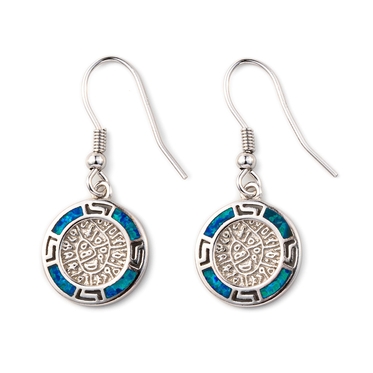 925 With Sterling Silver Greek Key Blue Meander Opal Phaistos Disc Dangle Women Earrings