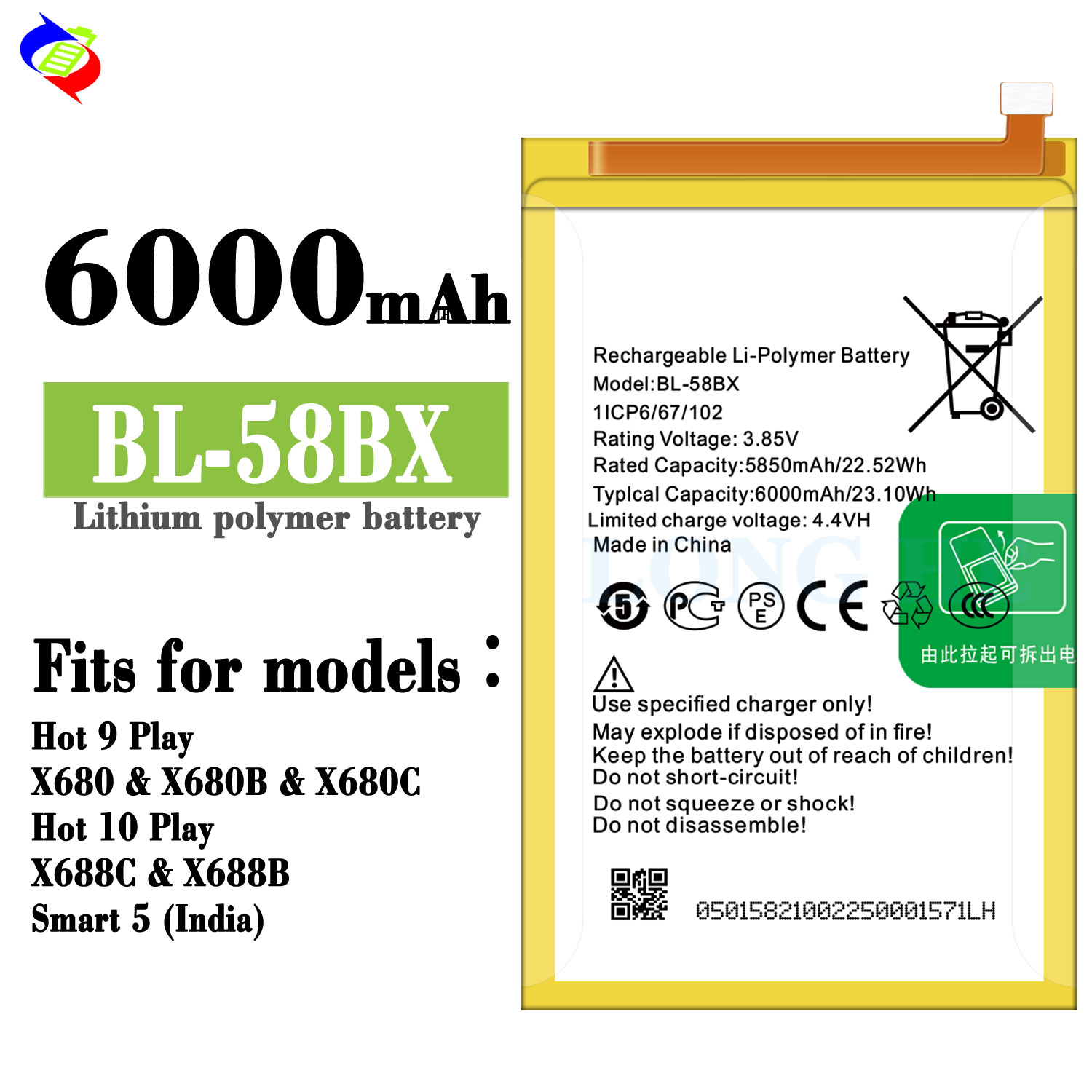 6000mAh BL-58BX X680 Battery for Infinix Hot 9 Play Mobile Device in white Finish