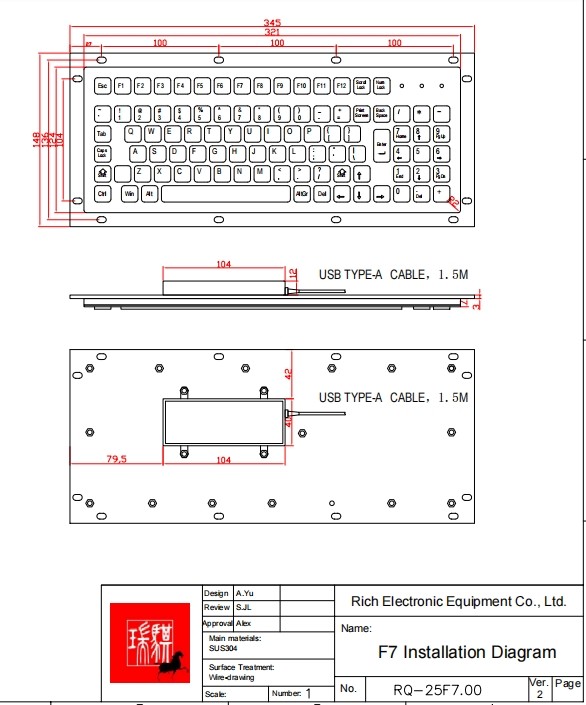 SUS304 Stainless Steel Panel Mount Keyboard Industrial Keyboard With Touch Pad