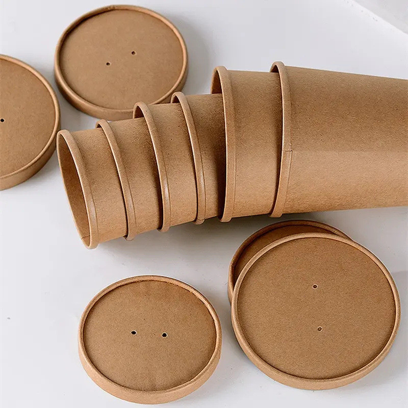 Soup Cup Porridge Bucket Disposable Paper Cups Round 16oz With Lid Noodle Bowls