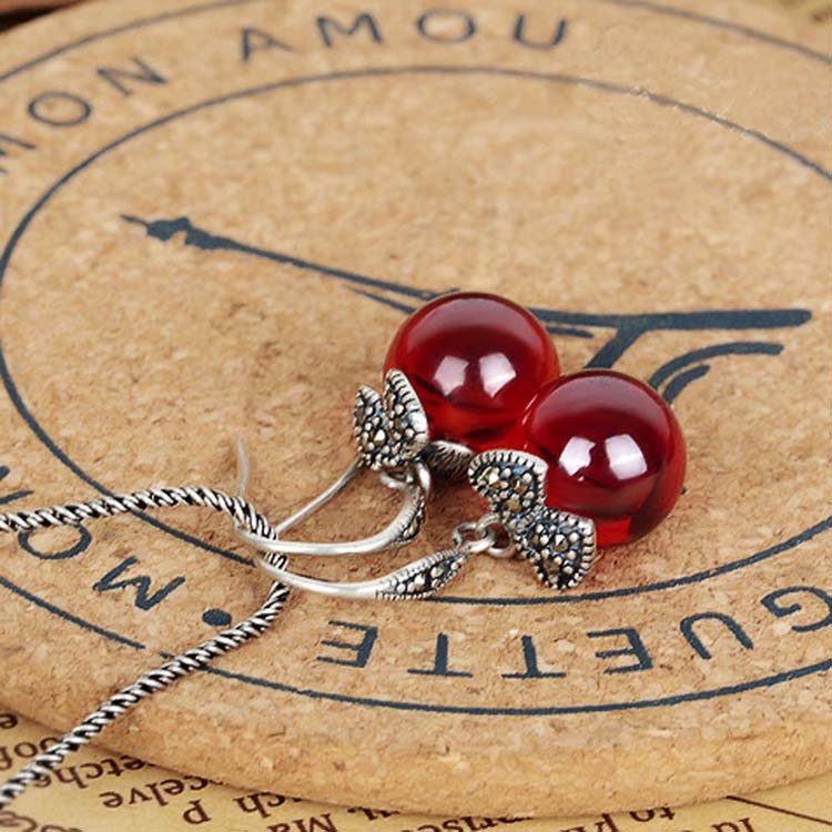 Sterling Silver Red Cubic Zirconia with Marcasite Dangle Hoop Earrings(E12032RED)